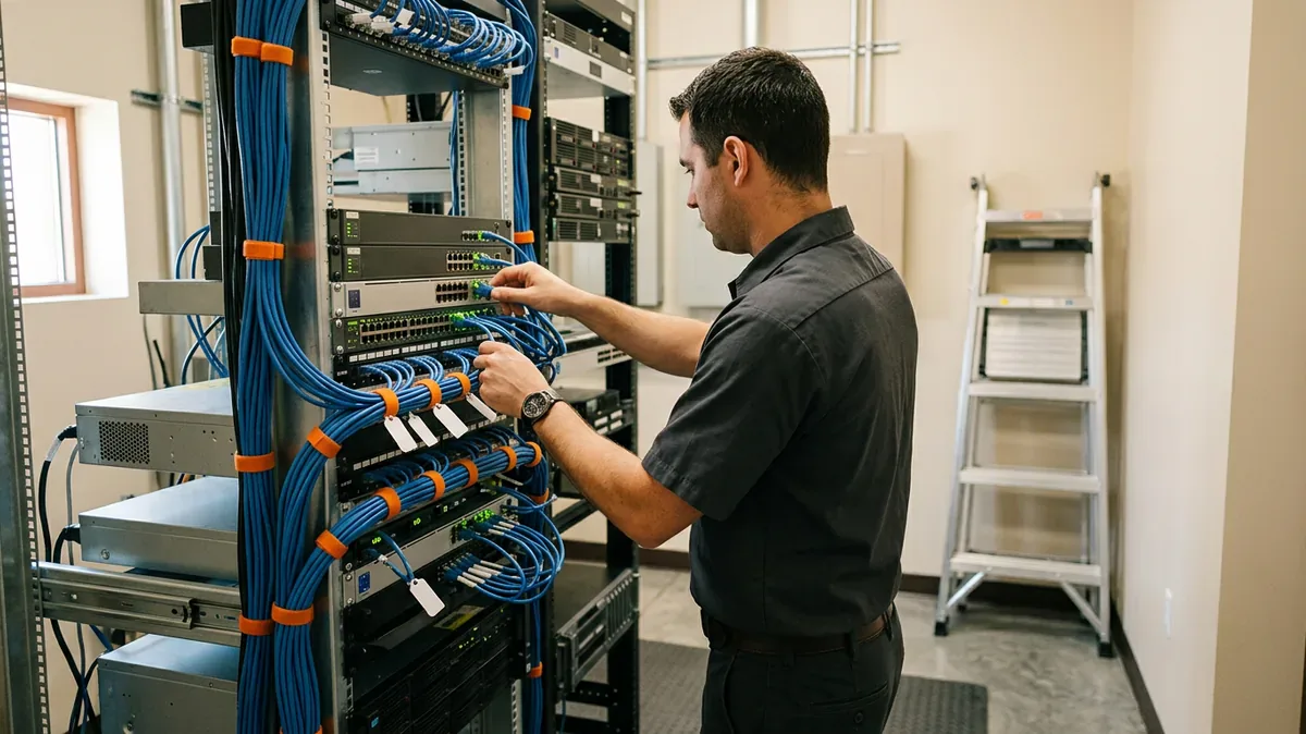 IT technician patching ethernet cables into a network switch rack in a dealership network closet