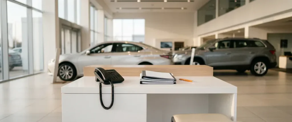 Desk phone handset on a dealership reception counter with the showroom blurred behind it