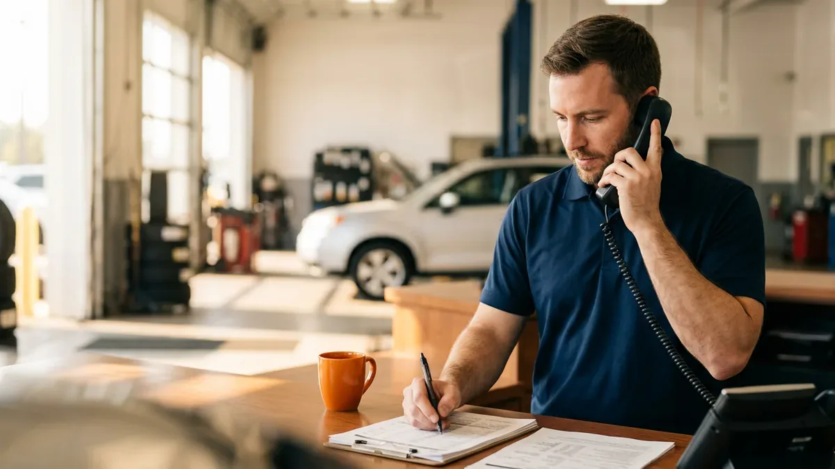 Dealership service advisor on a corded desk phone writing on a printed repair order at the service counter