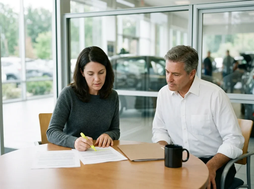 IT security specialist highlighting a line on a printed vendor list while a dealership general manager looks on at a round table
