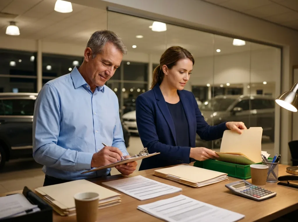 Dealership sales manager and finance manager working through printed deal forms and paper folders at a desk in the sales office