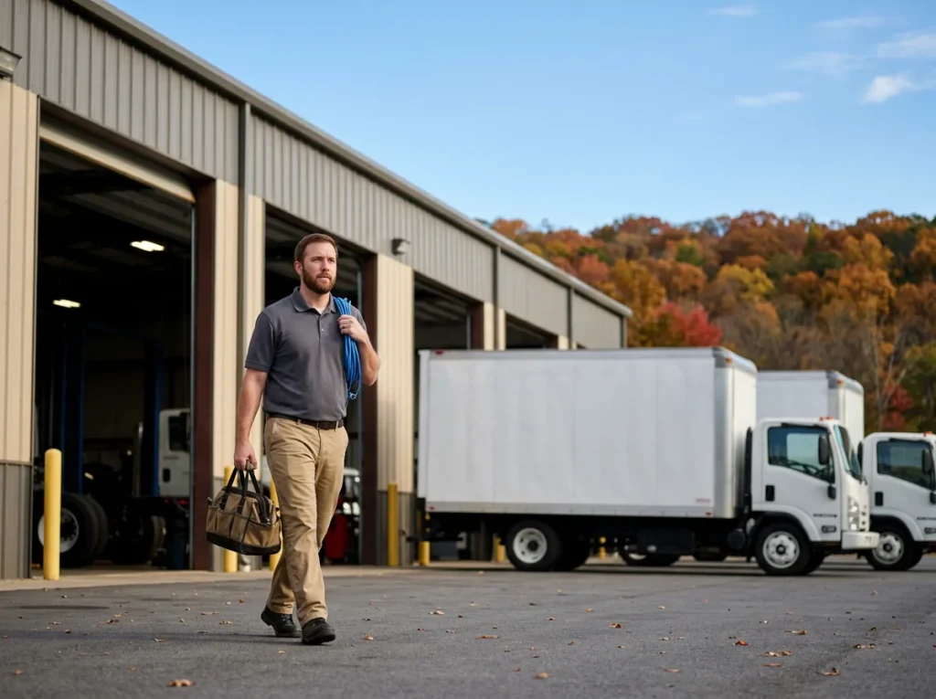 IT field technician carrying a tool bag and a coil of blue network cable past white box trucks at a heavy truck dealership service building, with autumn trees behind