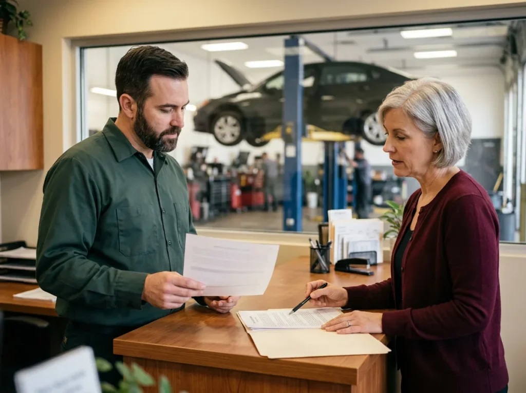 Dealership service manager and office manager reviewing a printed employee consent form at the service office counter, with a car on a lift in the bay behind them
