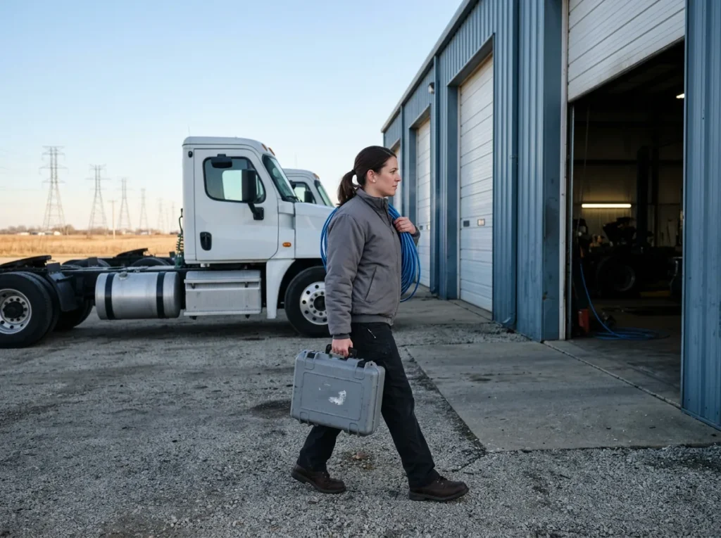 IT field technician carrying a tool case and a coil of blue network cable toward the service bays of a heavy truck dealership near Joliet, with white semi tractors parked alongside