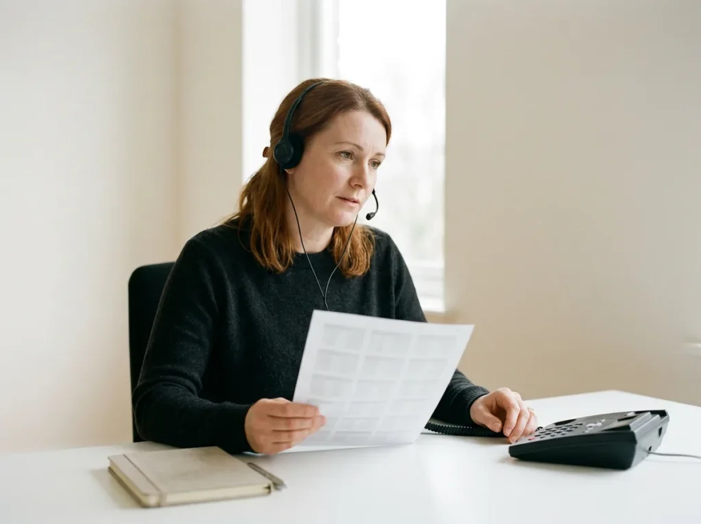 Help desk technician wearing a headset holding a printed contact sheet while listening carefully to a caller at a plain desk with a corded phone