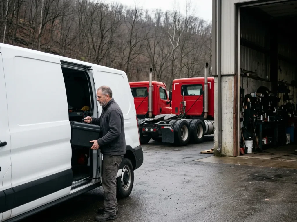 Road service technician loading an equipment case into a white van outside the service bays of a heavy truck dealership near Cincinnati, red semi tractors behind him