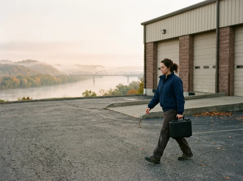 IT field technician carrying an equipment case across a dealership service lot on a hillside above the Ohio River valley, a steel bridge in the morning haze behind her