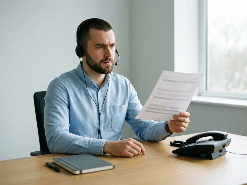 Help desk technician wearing a headset reading a printed contact sheet while listening carefully to a caller at a plain desk