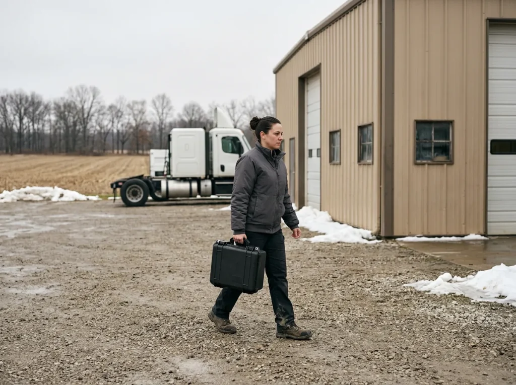IT field technician carrying an equipment case across the lot of a heavy truck dealership in Northeast Ohio, a white semi tractor and old snow behind her