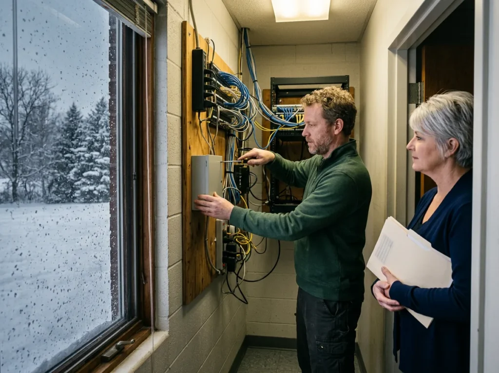 IT field technician mounting a small network box in a dealership network closet while the office manager watches, lake-effect snow falling outside the window