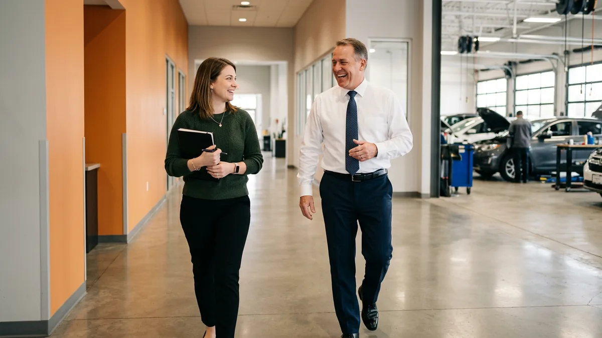 Dealership IT manager talking with a service manager, still in charge of the store's IT in a co-managed arrangement