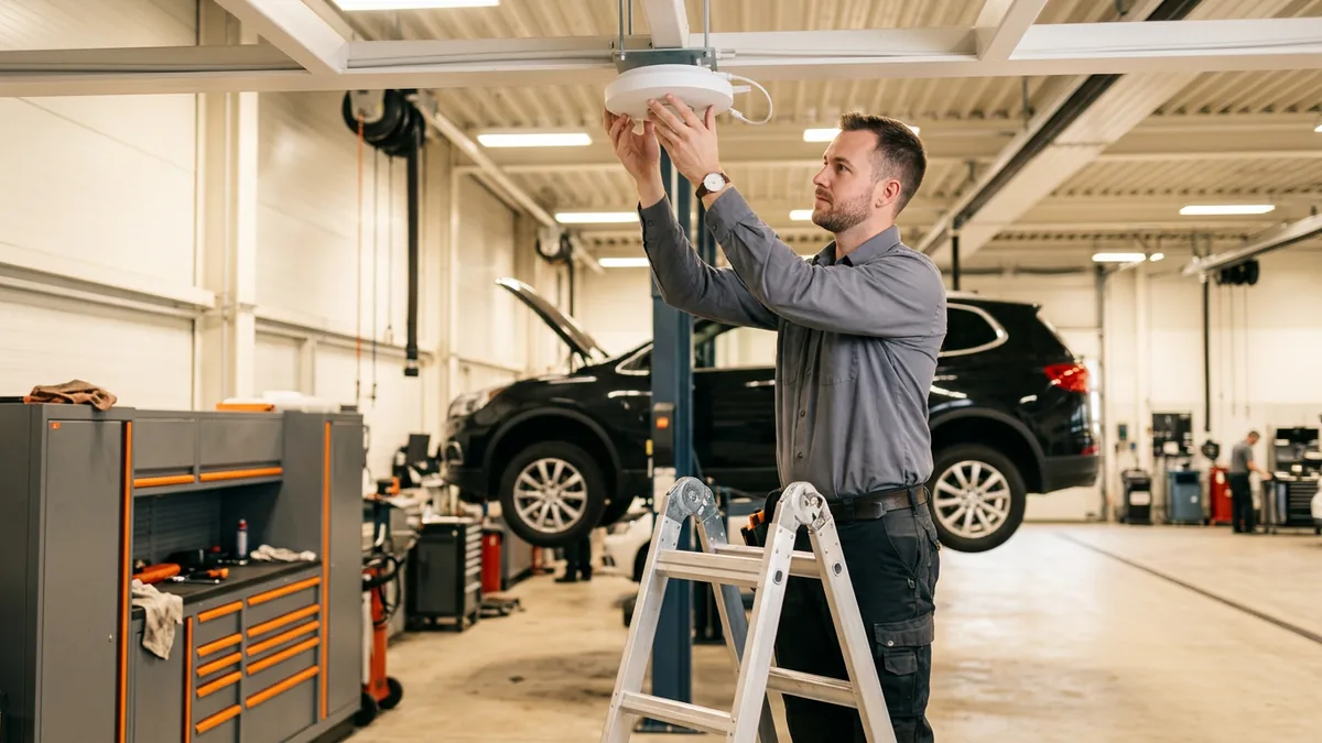 IT technician mounting a corporate-grade wireless access point in a dealership service bay, a purchasing decision a co-managed partner should own