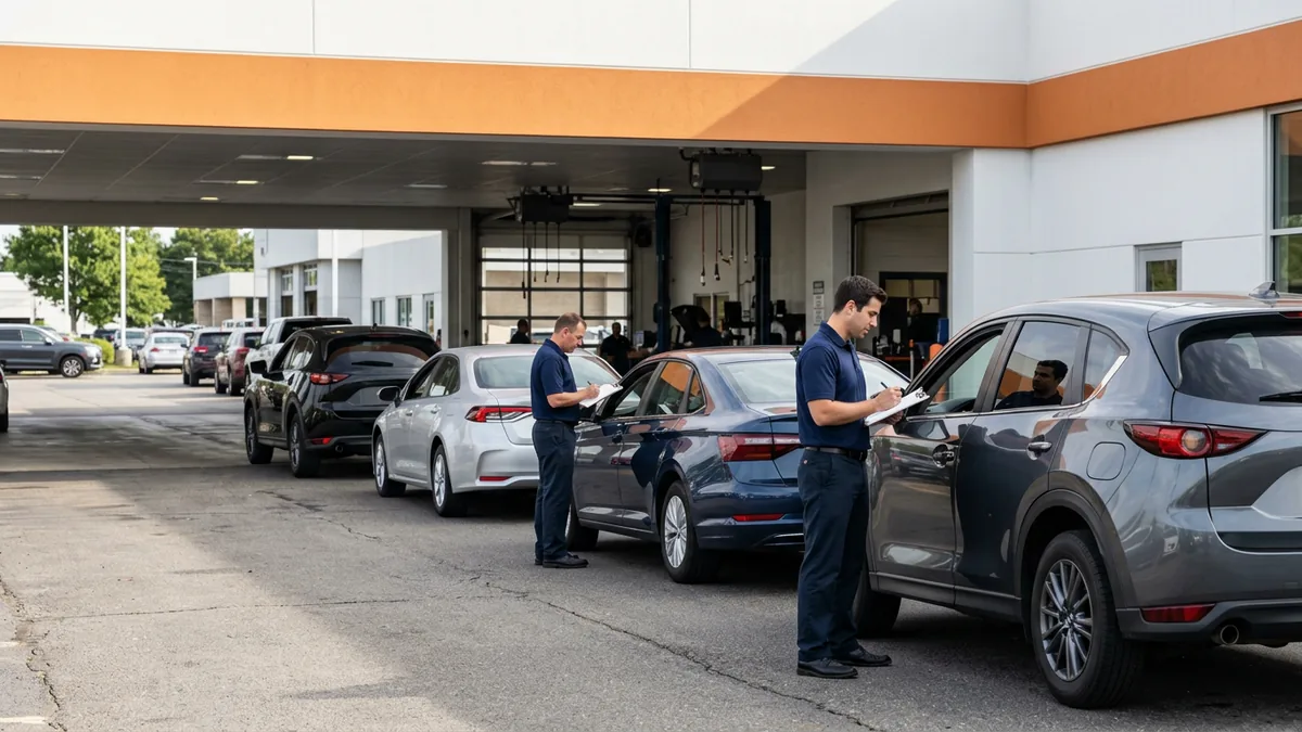 Line of cars waiting at a busy dealership service lane on a Saturday morning, when co-managed IT responsibilities need to be clear