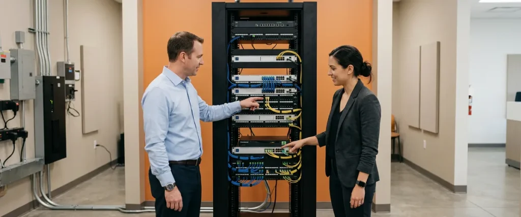 Dealership IT manager and a co-managed IT partner reviewing a network rack together, sharing responsibility for the store's infrastructure