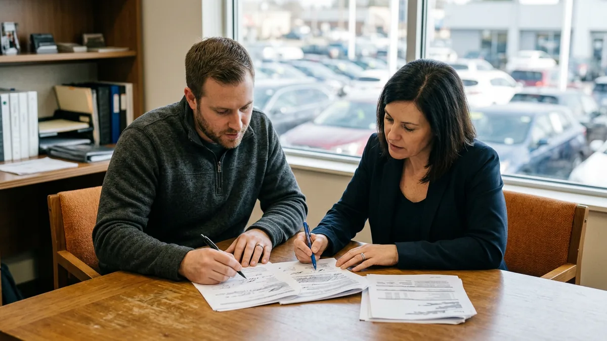 Dealership IT manager and a co-managed IT partner marking up a printed responsibility matrix at a conference table