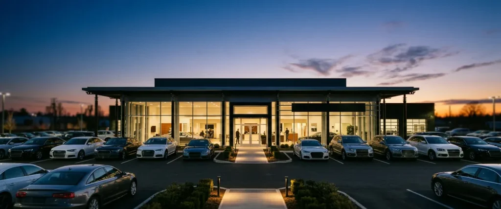 Car dealership showroom at dusk as the store closes and overnight security monitoring begins