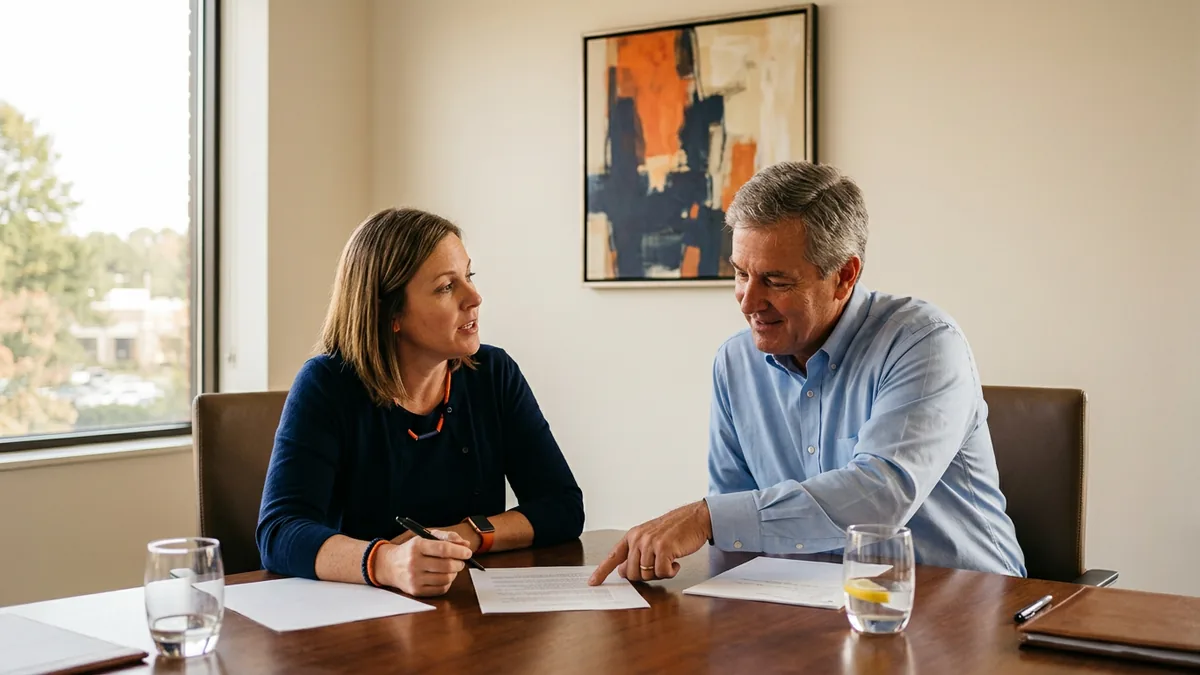 Dealer group IT manager and a security partner reviewing a printed plan for who handles security alerts