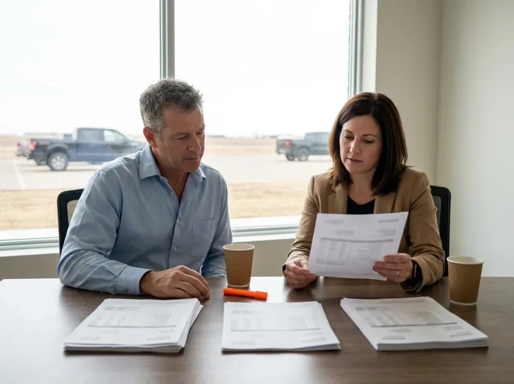 Two dealer group executives at a conference table comparing three stacks of vendor invoices with a single printed sheet