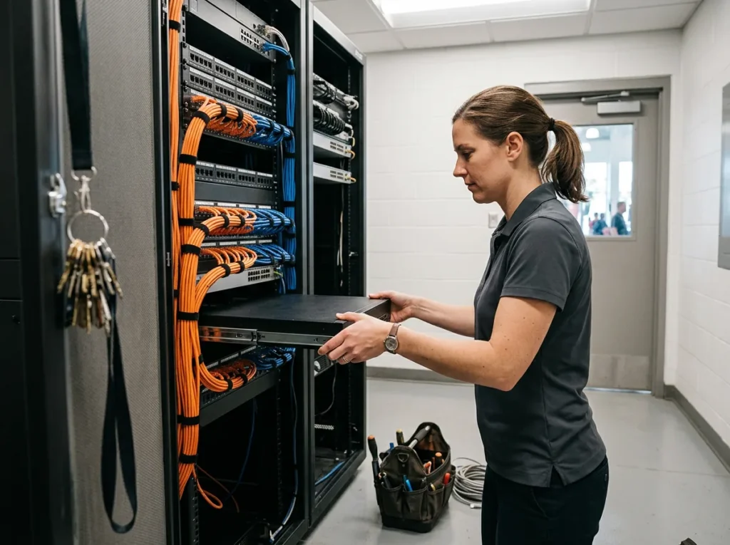IT security technician sliding a firewall appliance into a network rack with orange and blue patch cables in a dealership network closet