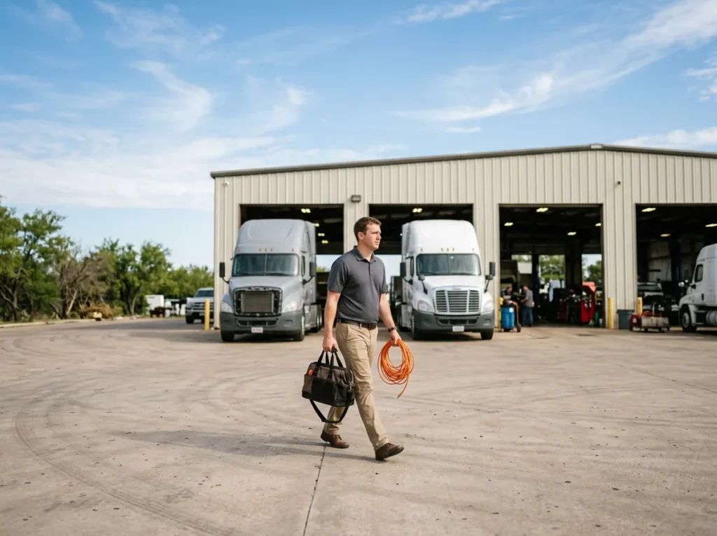 IT field technician carrying a tool bag and a coil of orange network cable toward the service bays of a heavy truck dealership in North Texas