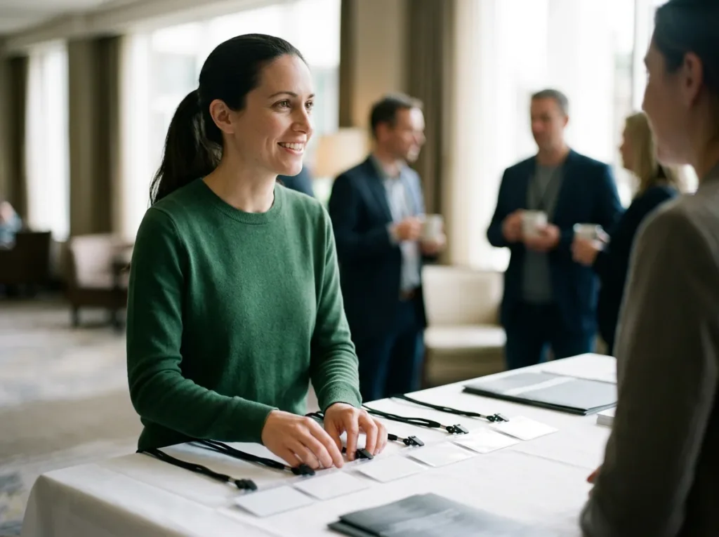 Event organizer arranging blank name badges at a conference registration table in a hotel lobby