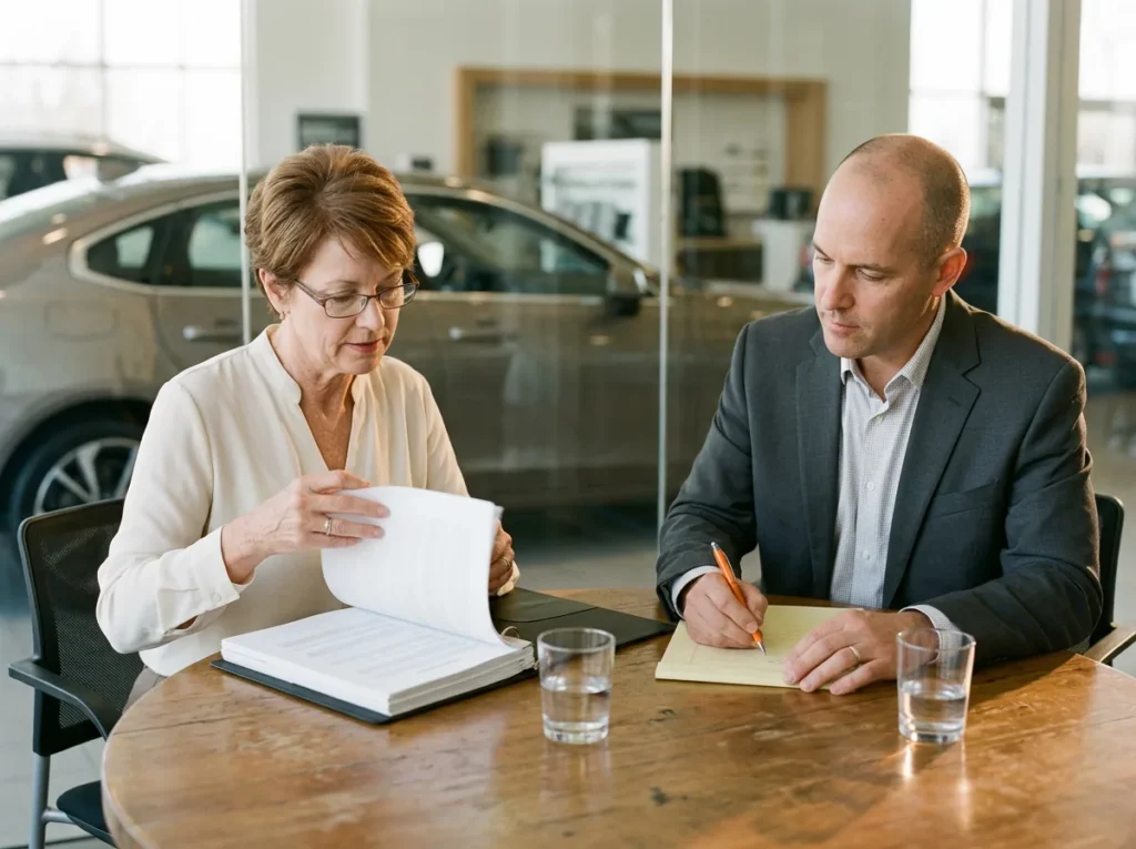 Two dealer group executives reviewing a printed buy-sell agreement in a binder and taking notes at a round table in a glass-walled dealership office