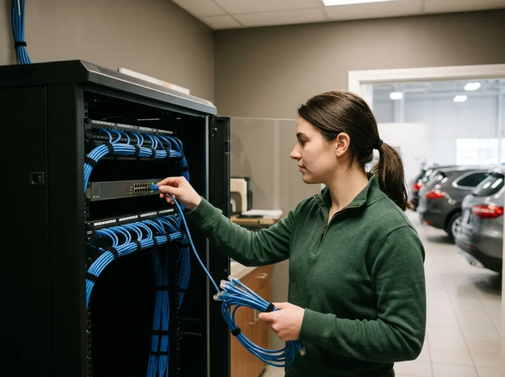 Network engineer plugging a blue patch cable into a switch in a neatly cabled equipment rack in a dealership back office