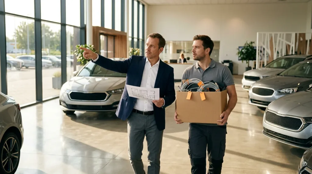 Operations director with a printed floor plan and an IT engineer carrying tagged network equipment walking through a newly acquired dealership showroom
