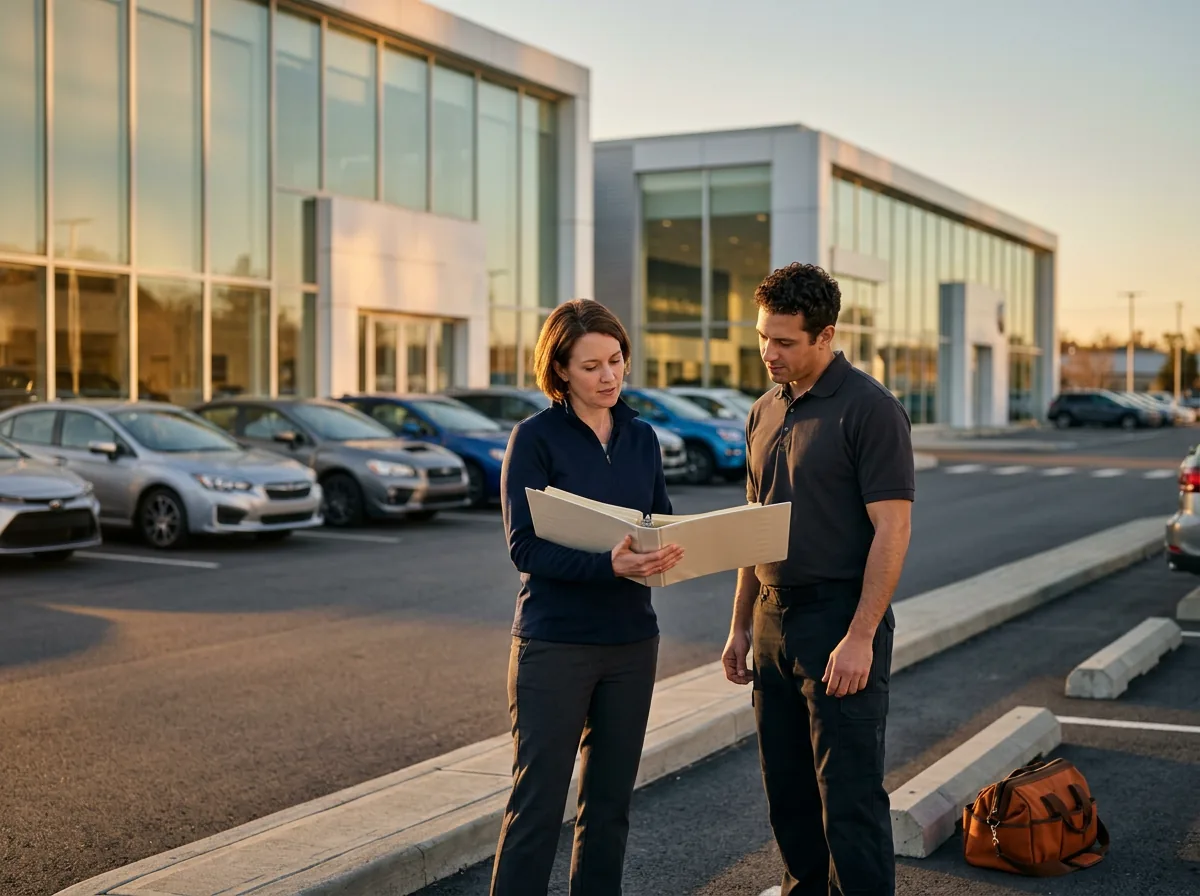 Dealer group IT director and a field technician reviewing printed site plans on the lot between two dealership showrooms