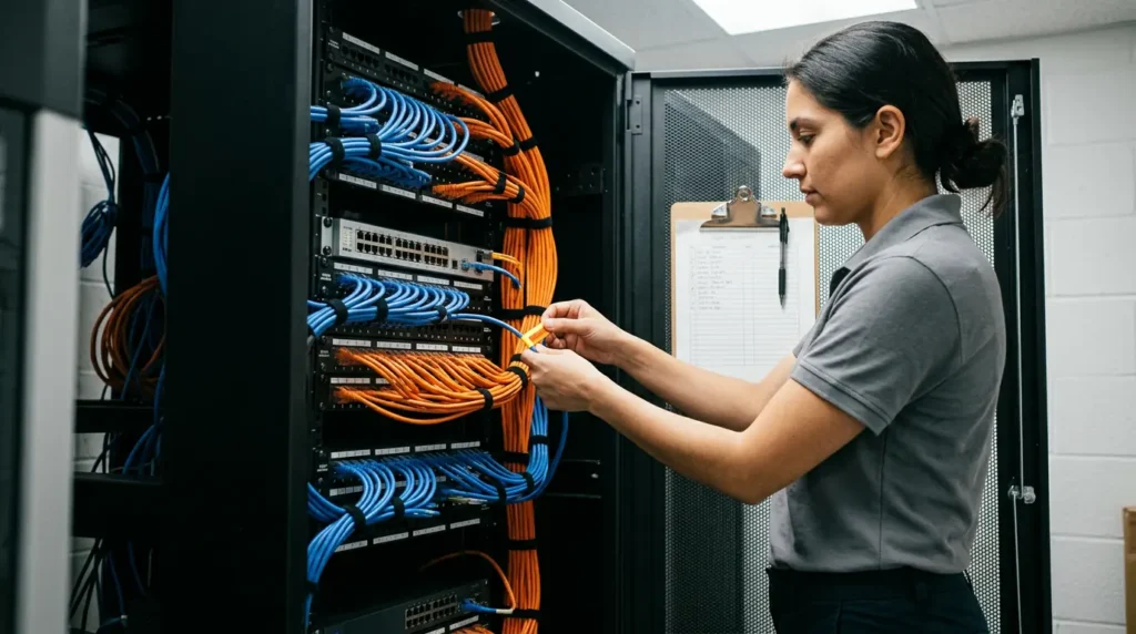 Technician labeling patch cables in a tidy dealership network rack built to the dealer group's standard design