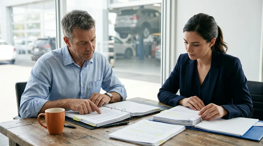 Dealer group controller and security lead reviewing printed compliance binders and a risk assessment beside a window onto the service drive
