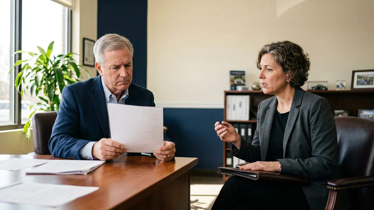 Dealer principal reviewing a printed managed IT invoice with the dealership CFO in his office