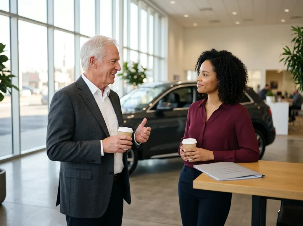 Dealer principal and the dealership IT manager talking over coffee beside a high table in a bright car showroom