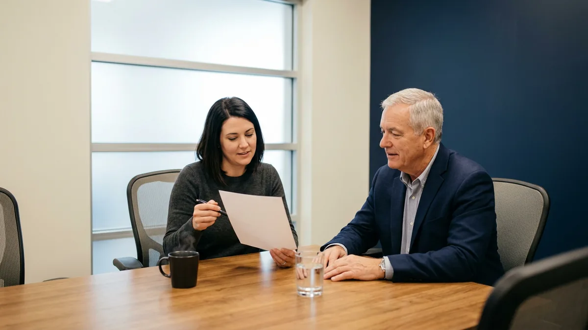 Dealer principal and dealership IT manager reviewing a printed list of who holds each admin account