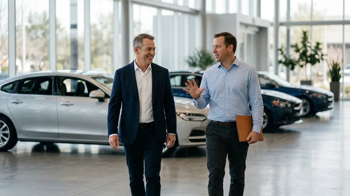 Dealer principal walking a dealership showroom with a technology advisor while discussing an AI rollout