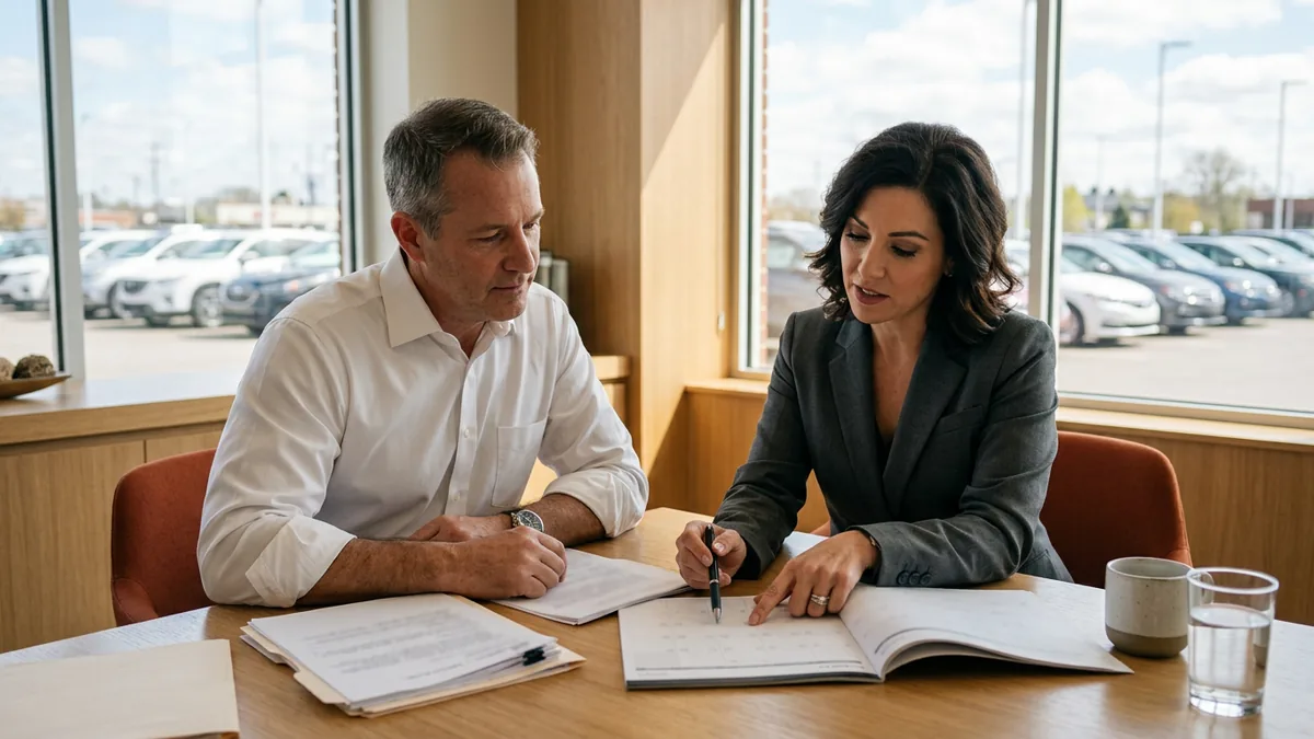 Dealer principal and attorney at a conference table reviewing printed breach notification deadlines for the FTC and state laws after a dealership data incident