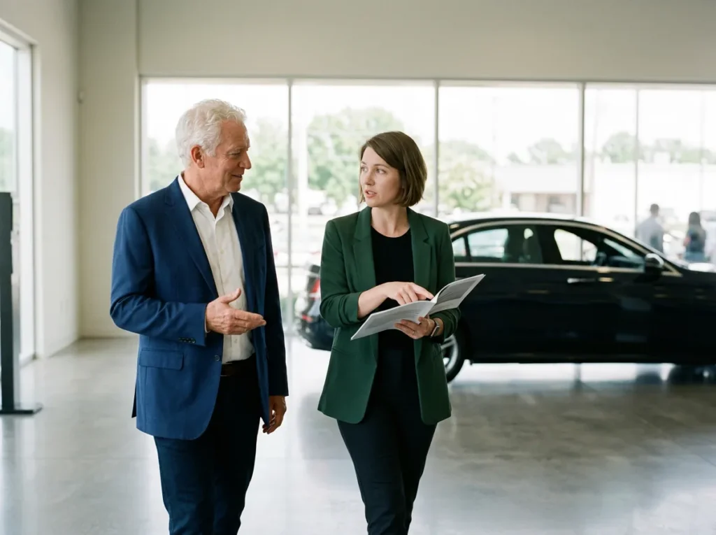 Dealer principal and IT and operations manager walking across a dealership showroom as she explains a printed report