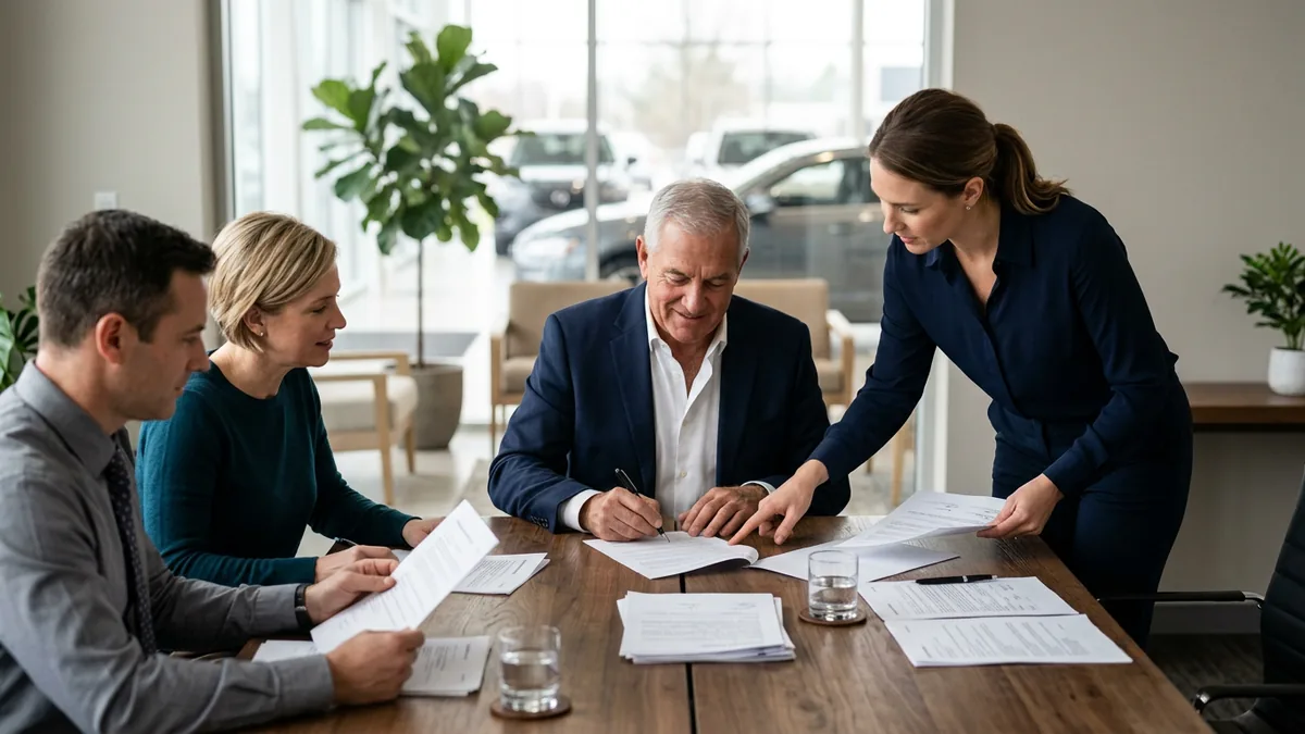 Dealer principal signing off on an AI agent project with dealership managers around a conference table