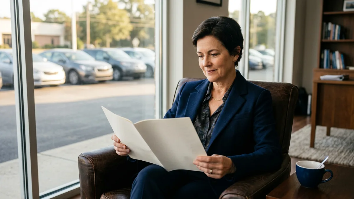 Dealer principal reading a short printed monthly IT report in her dealership office