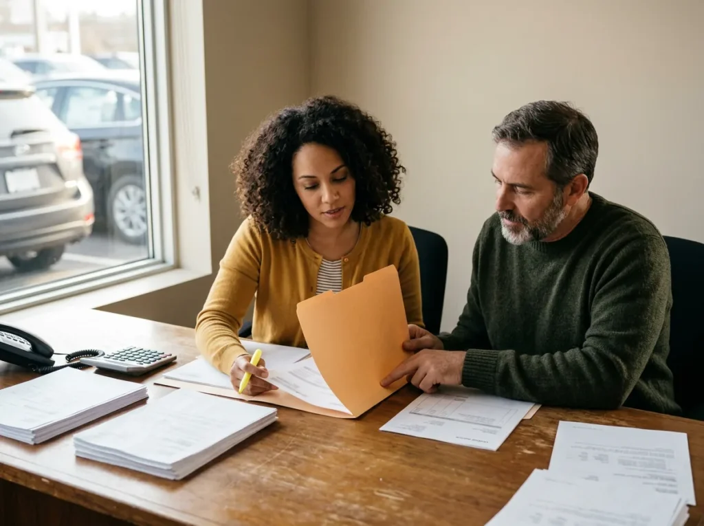 Two dealership accounting staff comparing a printed vendor invoice against the vendor's file at month end