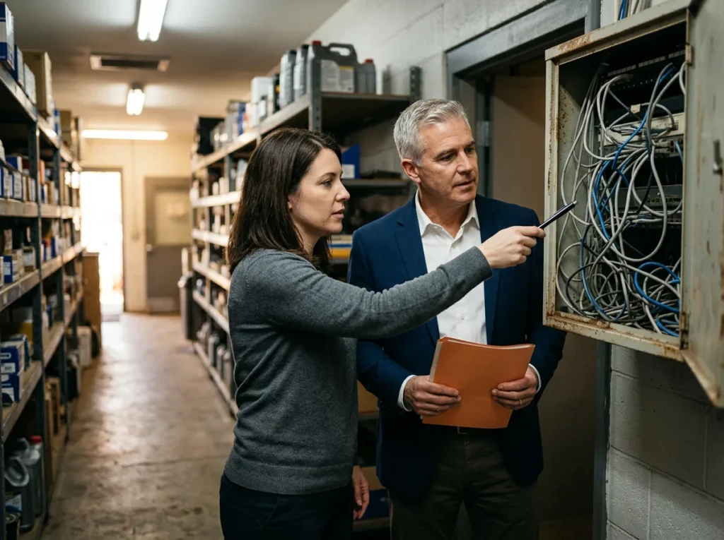 IT engineer pointing a pen at tangled cables in an old network cabinet in a dealership parts hallway while the buying dealer principal holds an orange folder