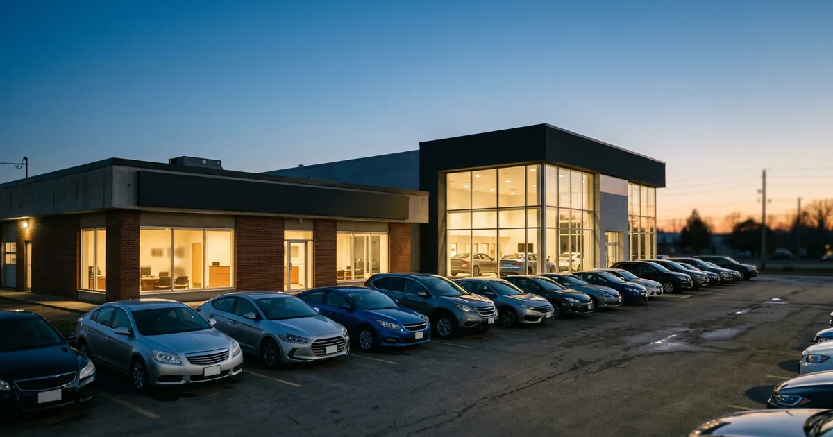 An older dealership building and a newly built glass showroom side by side on one lot at dusk with cars parked between them