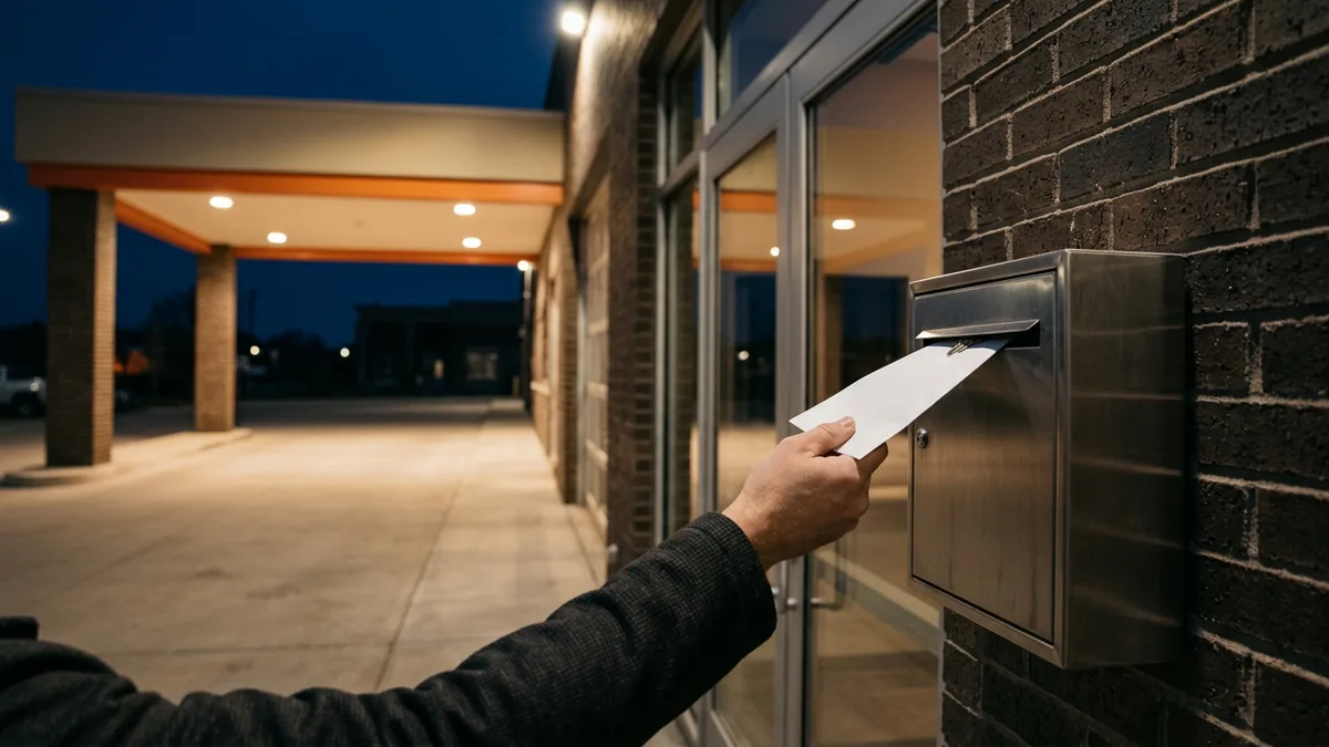 Customer sliding a sealed key envelope into a dealership's after-hours key drop box at dusk