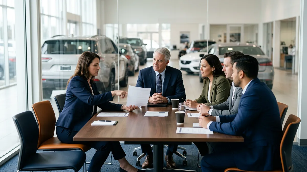 Dealer principal, CFO and department heads meeting around a conference table to set up a dealership AI governance committee