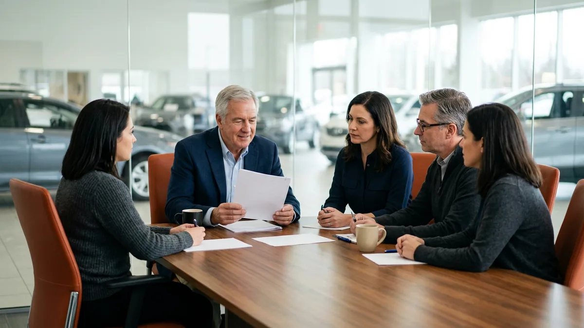 Dealer principal, general manager, controller and IT advisors at a conference table reviewing a printed AI use policy