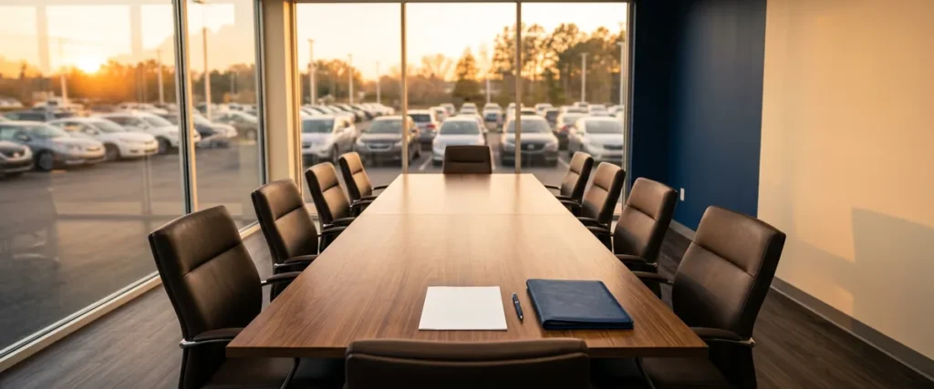 Printed AI implementation plan and pen on an empty dealership conference room table at sunset