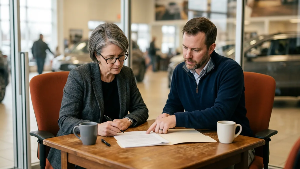 Dealership controller and an IT advisor reviewing a printed vendor contract for an AI phone agent