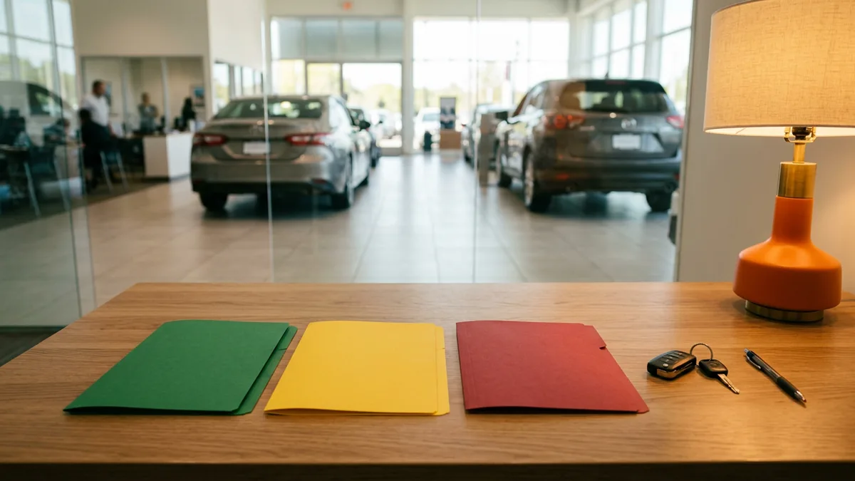 Green, yellow, and red folders on a dealership office desk, showing how a dealership AI policy sorts information before it goes into an AI tool