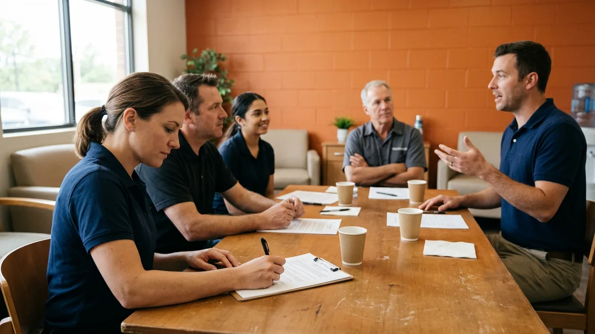 Dealership employees in a short hands-on AI policy training session, with one employee signing the policy on a clipboard