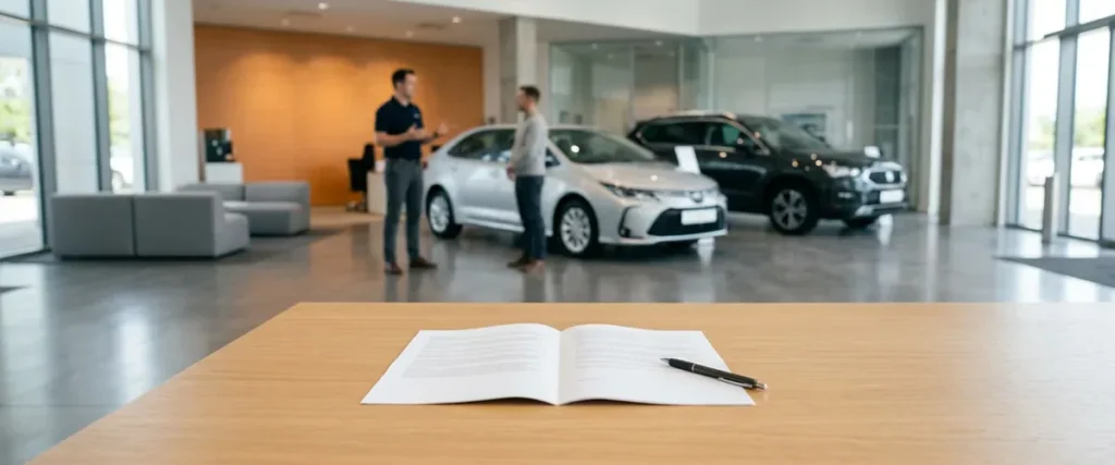 Printed dealership AI policy template and a pen on a desk in a car dealership showroom